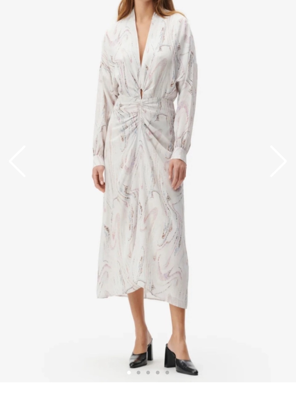 White Swirl Print Long Sleeve Midi Dress with Ruched Waist